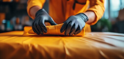 Worker packing a product carefully with protective gloves on. Focus on hands and materials.