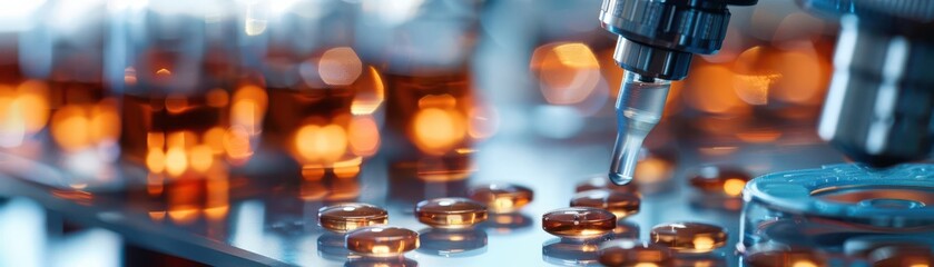 Capsules and tablets being analyzed on a laboratory surface, advanced pharmaceutical research and development