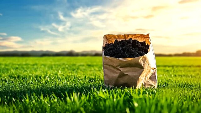 A sturdy paper bag overflowing with biochar rests on a vibrant grassy field, with the backdrop of a clear blue sky, symbolizing the harmony between sustainable agriculture and eco-friendly packaging