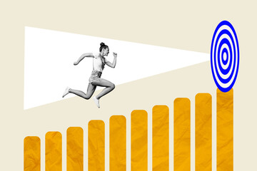 Creative collage picture young woman runner persistence determination goal achievement target inspiration motivation leadership