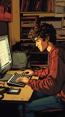 A comic book panel of a young man typing on his computer in the early days of the internet