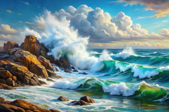 painting of ocean waves crashing on rocks