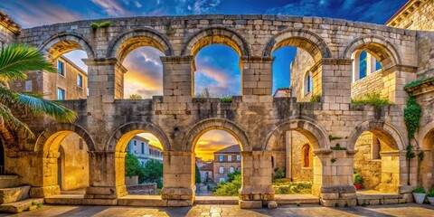 Obraz premium Ancient Stone Semicircular Wall with Arched Windows at the Historic Site of Split, Croatia