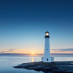 Majestic Lighthouse at Sunset Guiding Light Over Rocky Shoreline with Long Shadows