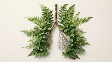 Green fern leaves are arranged to form a stylized human lung. The lungs are connected by a natural, brown stem with branching roots. The image is set against a white background.