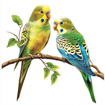 Two parakeets isolated on a transparent background, vibrant bird duo.