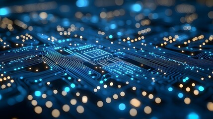 Digital Circuit Pattern in 3D Illustration with Blue Glow