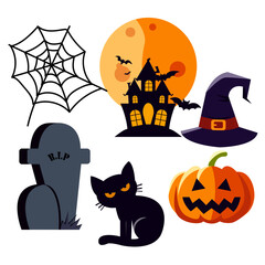Spooky Halloween Icon Set with Haunted House and Pumpkin