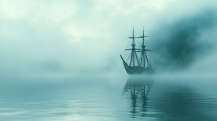 Fototapeta premium The Ship Of Pirates In The Foggy Night