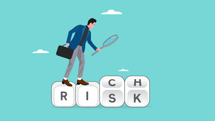 rich risk, take a risk and getting rich concept, analyze the path of success and the risks obtained, no rich without risk, businessman uses a magnifying glass to analyze a cube with rich and risk word