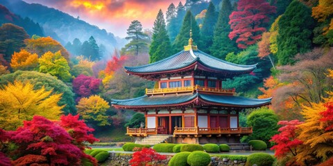 Fototapeta premium Colorful Asian temple with vibrant trees in foreground for serene nature background