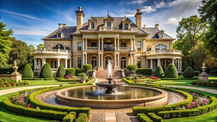Naklejka premium Palatial house with fountain and manicured lawns