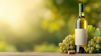 Fresh White Wine with Grapes in Nature Background