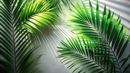 Palm leaves with intricate patterns highlighted by light and shadow reflected on them