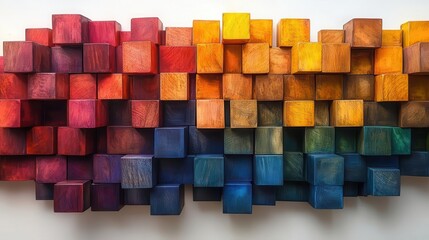 kaleidoscopic arrangement of wooden blocks rainbow spectrum geometric patterns soft shadows minimalist composition on white background