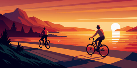 A high-quality vector illustration of two people riding bicycles along a coastal road during a sunset. Two happy families ride on bicycles on the beach and and enjoy the sunset scenery. 