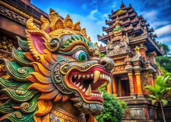 Fototapeta premium Balinese Lion Sculpture Head at Ubud Temple in Bali Indonesia Captured from Side View Perspective