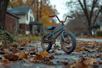 Fototapeta premium A child's abandoned bicycle left on the front lawn, representing the sudden departure of a family member.