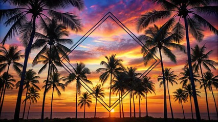 Obraz premium Palm trees silhouetted against a sunset sky with a geometric frame