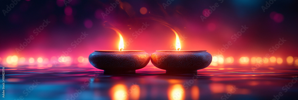 Wall mural Two beautifully crafted clay oil lamps lit during Diwali, Hindu festival of lights celebration. Colorful traditional diya lamps on a vibrant background, exuding warmth and tranquility.