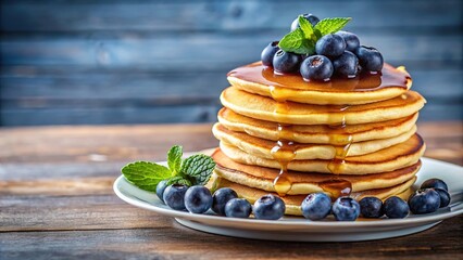 Pancake stack with blueberries and syrup on a celebratory background worm's eye view