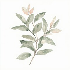 A watercolor illustration of a leafy branch with soft pink buds.