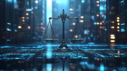 law scales juxtaposed with a modern data center background representing the intersection of justice and technology emphasizing duality in a digital age