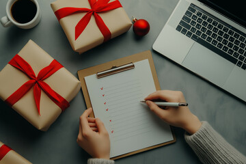 Woman making a gift shopping list at a desk with wrapped presents, a laptop, and coffee, planning the remaining holiday purchases