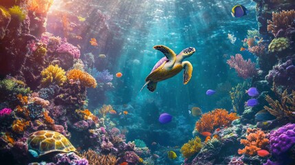 Fototapeta premium vibrant underwater scenery and diverse coral reefs with a graceful sea turtle.