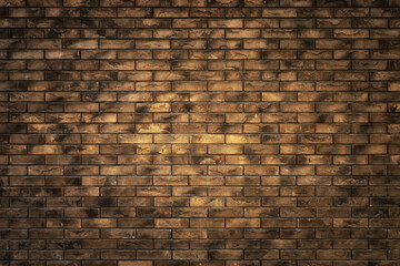 dark brown textured brick wall background with vignette. horizontal artistic backdrop or creative design template