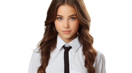 Young girl wearing uniform school, studio view, isolated on white background.