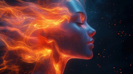 liquidlike 3d head hologram glowing with vibrant colors depicting swirling patterns that reflect emotions and thoughts casting ethereal shadows against a dark backdrop