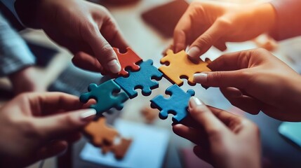 Closeup image of a group of people holding and putting a piece of white jigsaw puzzle togethe.Hands join puzzle pieces in the office.
Concept of teamwork and partnership