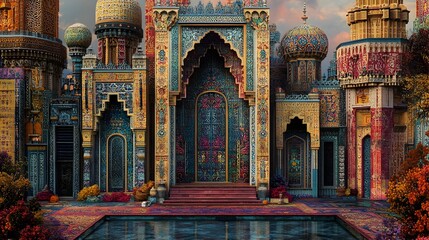 Obraz premium Captivating display of traditional cultural tapestries ornate weavings and richly decorated architectural patterns that evoke a diverse array of global influences resulting in a dreamlike surreal