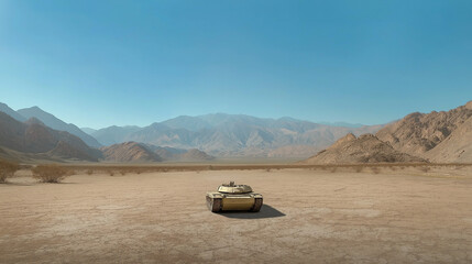 Obraz premium Military tank in a vast arid landscape with cracked earth and distant mountains