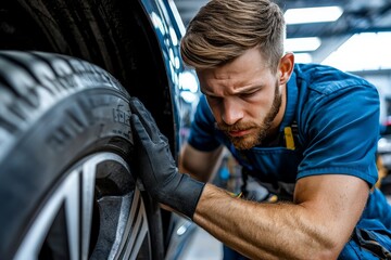 Close-up of a technician changing a car tire, using professional tools to ensure a secure installation, promoting vehicle safety for a smooth and reliable ride
