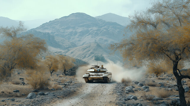 Military tank driving on a dirt road through an autumn landscape with mountains in the distance