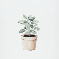 Obraz premium A watercolor illustration of a potted plant with green leaves in a simple terracotta pot.