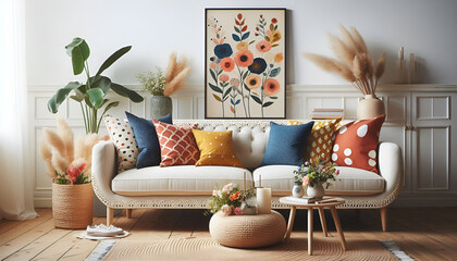 Stylish sofa setup with bold cushions and fresh flowers