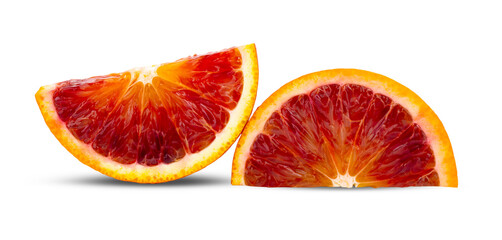 Red blood orange, cut into pieces on transparent png