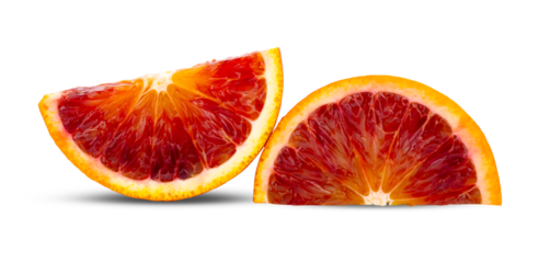 Red blood orange, cut into pieces on transparent png