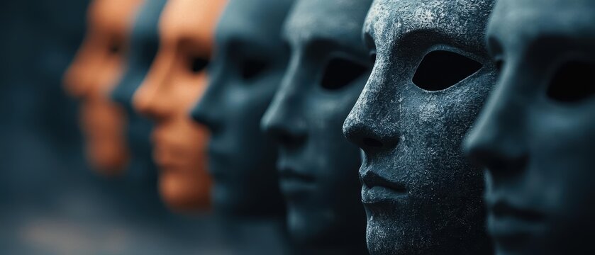 A row of stylized masks in various shades, highlighting contrasts and expressions, evoking themes of identity and perception.