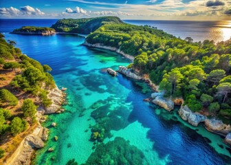 Obraz premium Breathtaking Aerial View of Mediterranean Coastline with Turquoise Waters and Lush Greenery
