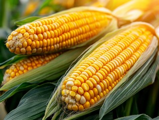 Close-up of fresh corn cobs in a vibrant corn plantation field, surrounded by tall green stalks and bright leaves, with golden corn kernels peeking through husks