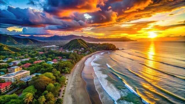 Breathtaking Coastal View of Jaco Beach in Costa Rica with Stunning Sunset Over the Pacific Ocean