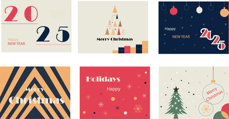 Merry Christmas and Happy New Year greeting card Set. Merry christmas invitation cards with xmas tree, ball and glittering ornaments in red, blue, yellow and light grey template. Vector illustration
