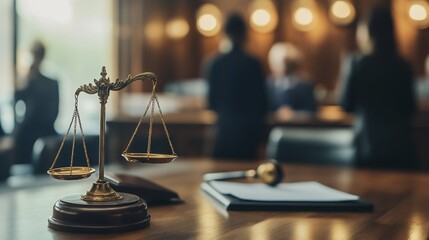 In a courtroom setting, a lawyer is making a case in front of indistinct figures; professionalism and law