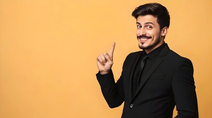 Businessman wear classic formal black suit shirt tie work in office point index finger aside on area isolated on plain yellow background studio portrait.Copy space at his hand for promotion and advert