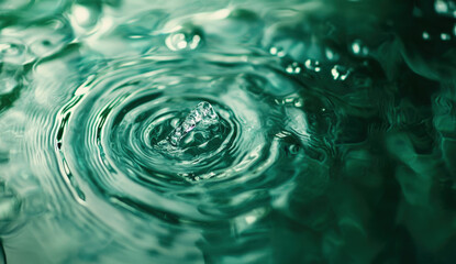 Captivating ripples in emerald water create a mesmerizing pattern as droplets dance gracefully on the surface at dusk. Generative AI