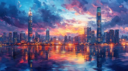 Fototapeta premium Cityscape with Sunset and Reflections